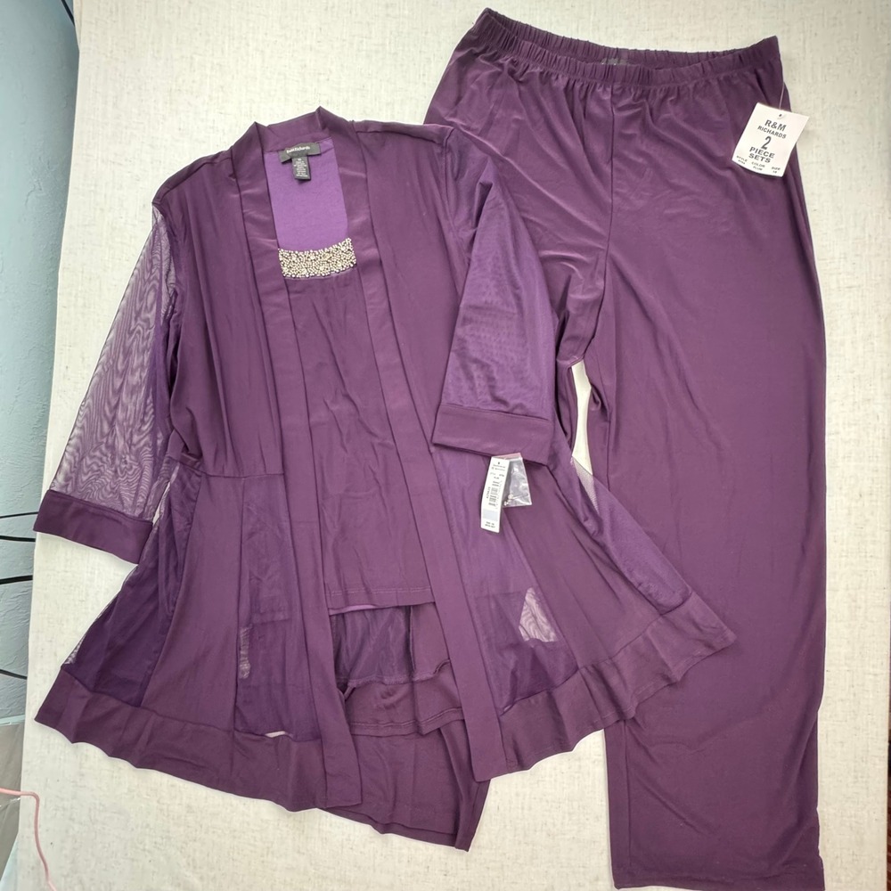 R&M Richards 2 Piece Pant Set Women 18 Plum New Beaded Mesh Cardigan Outfit